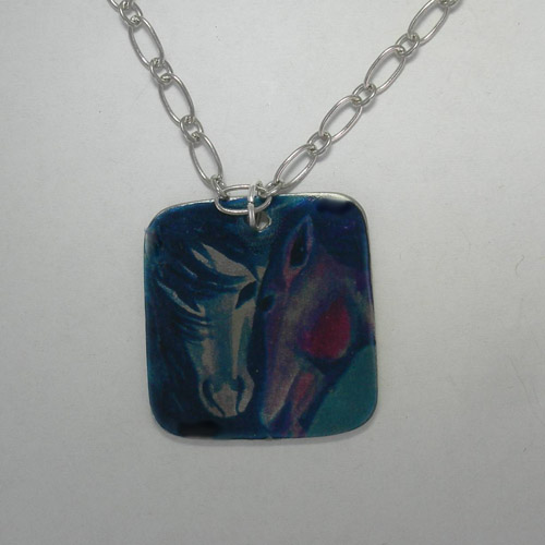 Pewter tile two horse heads necklace