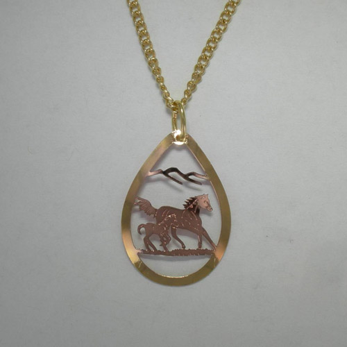 Copper galloping mare and foal necklace