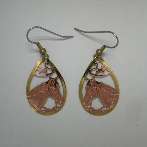 Copper horse head in bridle dangle earrings